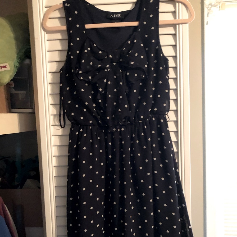 Blue and white polka dotted dress.